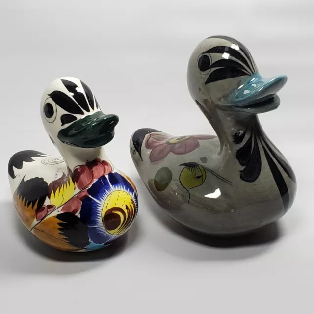 2 Vintage TONALA Duck Figurine Mexican Folk Art Pottery