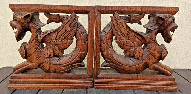 Antique PAIR French Pillars Wood Carved Gothic Griffin Dragon Lion Cabinet 19th