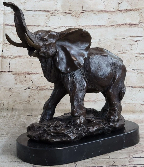 Vida Salvaje Elefante Bronce Estatua Ancho/Mármol Base, Firmado Escultura Venta