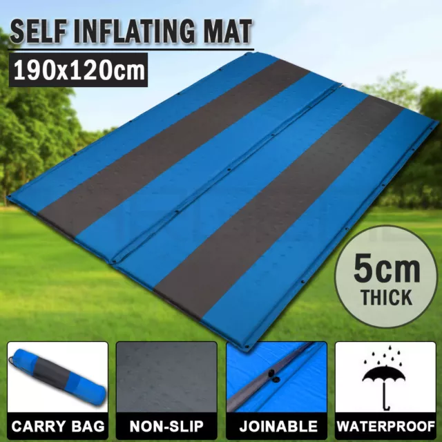 Double Self Inflating Mattress Sleeping Mat Air Bed Camping Hiking Joinable Blue