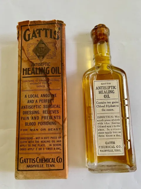 Vintage Gattis Antiseptic Healing Oil Bottle with Original Box & Insert