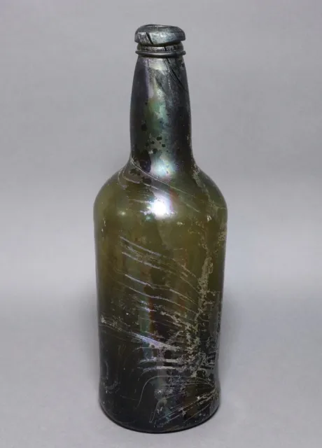 Antique 18th Century Iridescent Black Glass Shipwreck Mallet Shape Wine Bottle