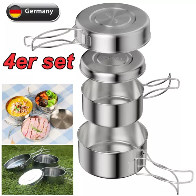 4 teilig Edelstahl Camping Kochset Kochtopf Set Kochgeschirr Topfset Outdoor