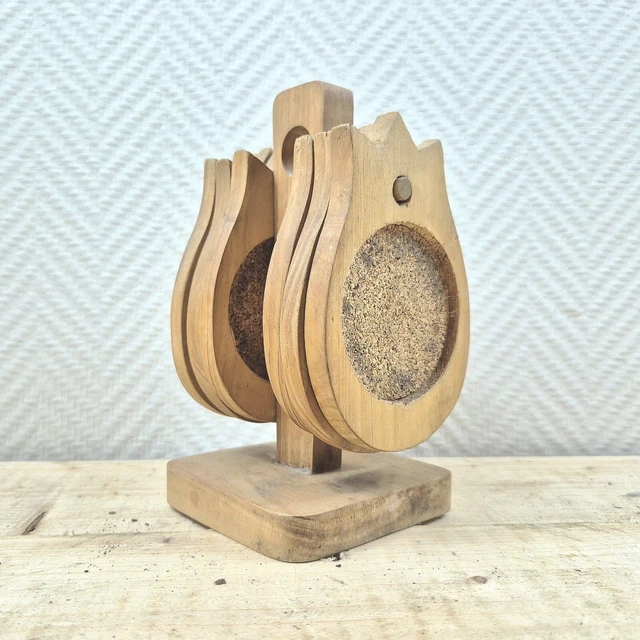 Coffret Vintage En Bois Avec 8 Dessous De Verre Carrés En Liège - Occasion, Style Rétro Français