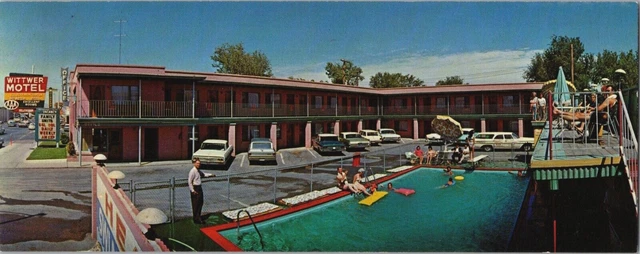 Wittwer Motel Pink Cafe 60's Las Vegas NV Pool Deck Taxi Cars Neon Sign Postcard
