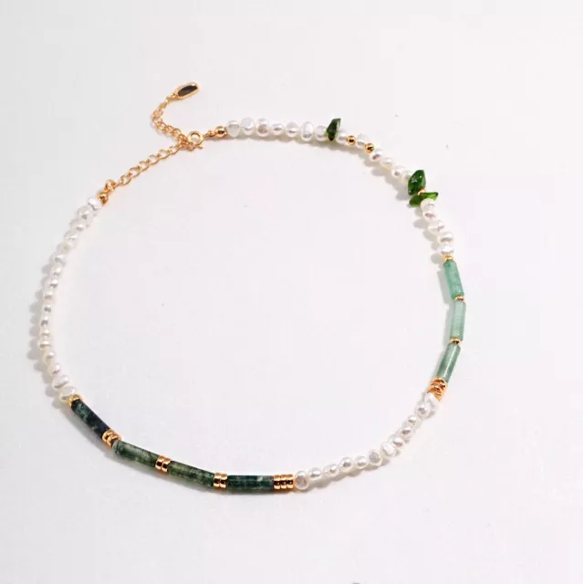 INS Style S925 Silver & 18K Gold Necklace Green Gemstone Bracelet Pearl Chain