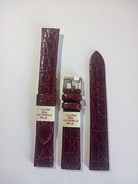 Bracelet En Cuir De Crocodile Véritable Bordeaux - 18 Mm Extra Plat - Cousu Main - Italie