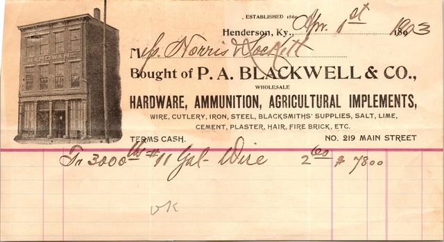 PA Blackwell & Co Henderson KY 1903 Billhead Hardware Ammunition Farm Implements