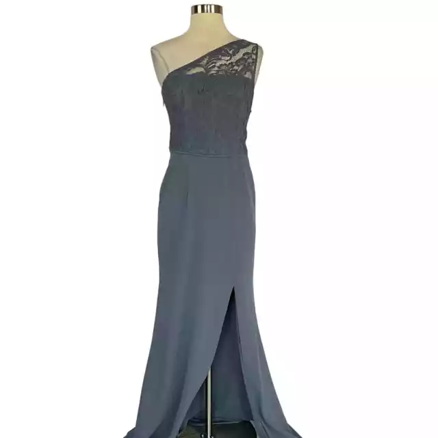 Adrianna Papell Women's Formal Dress Size 12 Blue Lace One Shoulder Long Gown