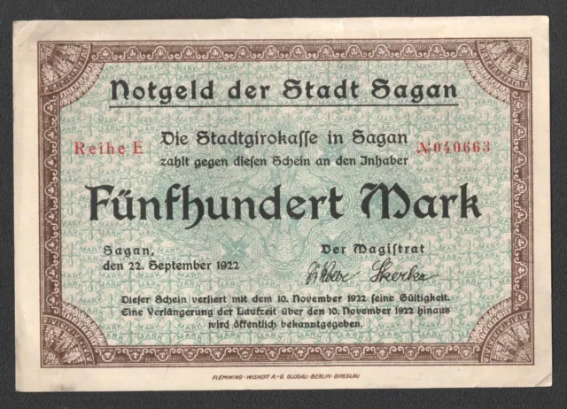 Sagan, Stadt; 500 Mark vom 22. September 1922; Reihe „E"