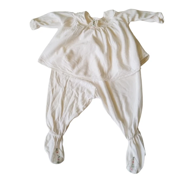 Vintage Baby Girl 0-3 Months Dress & Footie Pants Outfit Flower Embroidery Lace