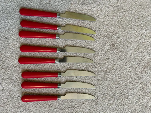 Vintage Flatware Stainless Silverware knives Red Plastic handles Set of 8