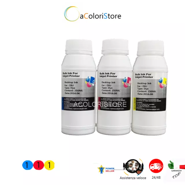 Ricarica inchiostro cartucce stampante 250ml  1X CIANO 1X MAGENTA 1X GIALLO