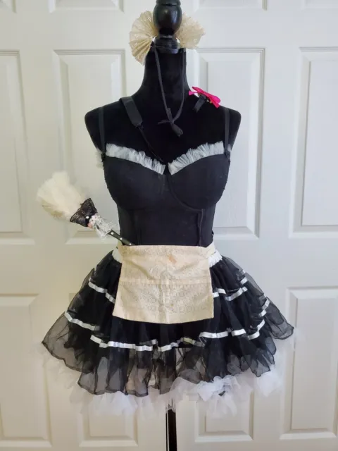 Handmade Sexy French Maid Costume w Apron Headpiece Garter Choker Feather Duster