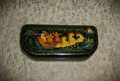 RUSSIAN LACQUER BOX horses chariot hand painted wood desk vanity vintage Russia