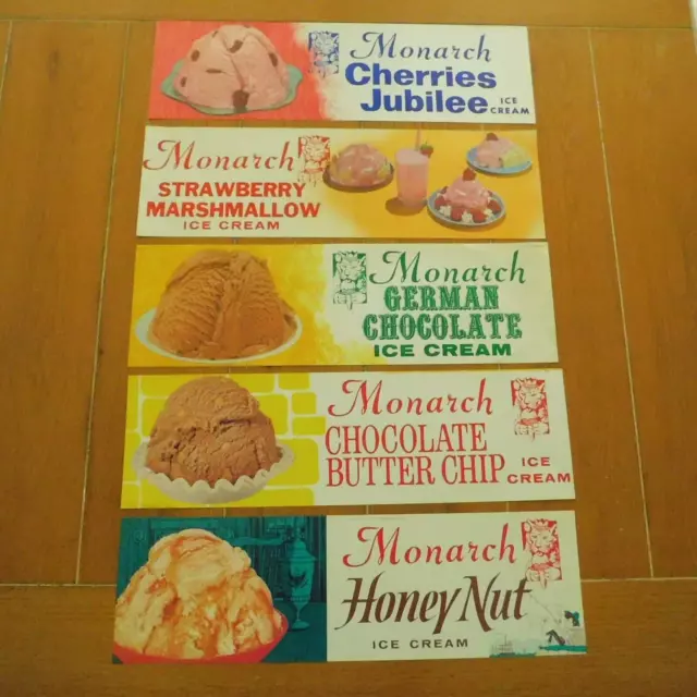 VTG. 1960’s SET of 5 MONARCH ICE CREAM LITHO ADVERTISING POSTER SIGNS CINTI OHIO
