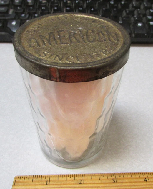 VINTAGE AMERICAN SNUFF glass jar, tin lid, filled with cotton balls