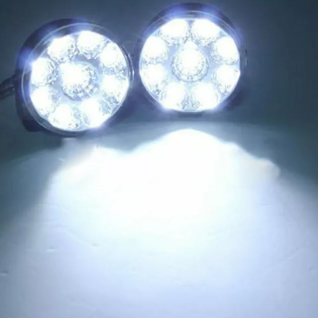 2x White 12V 9 LED Round Daytime Running Light DRL Car Fog Day Driving Lamp 70mm 2