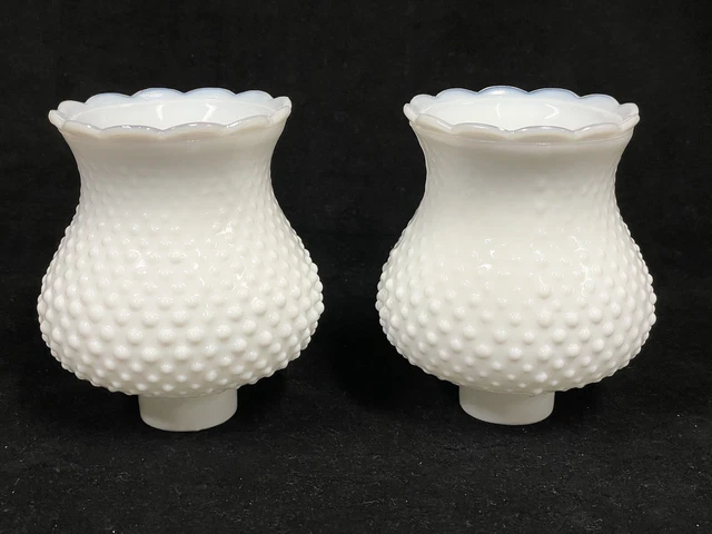 Pair Vintage 5-1/4" White Milk Glass Hobnail Lamp Shade Globe 1-5/8'' Fitter