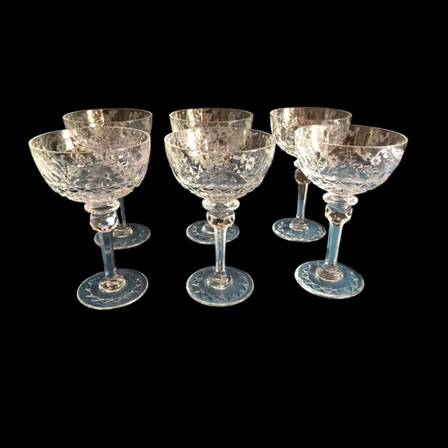 Etched Crystal Champagne Coupes Bohemian Style 6 Elegant Bar Stemware