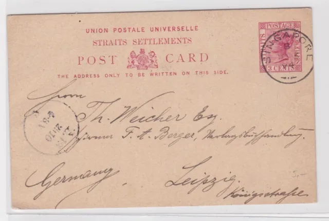 907357 Ganzsachen Postkarte Straits Settlements Singapore Singapur -Leipzig 1894