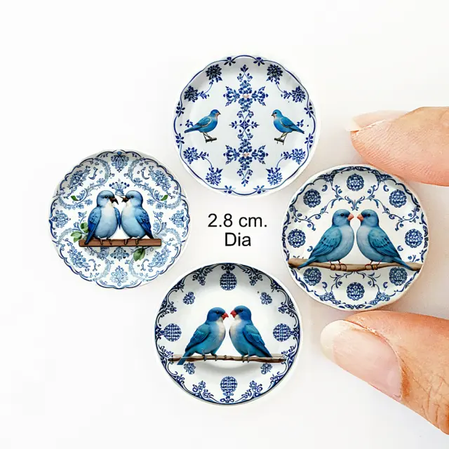 Dollhouse Miniatures Ceramic Delft Blue Plates Love Birds Tiny Decor Set 4 Pcs