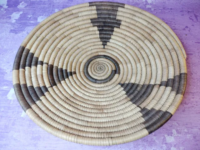 Native African Tribal Hand Woven Coil Basket Bowl Shallow 2 Tone Vintage 13 Inch