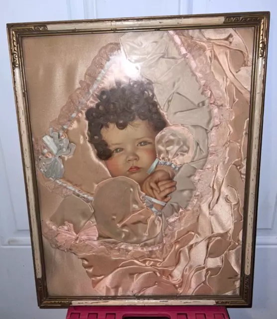 Vtg. Antique Blue Eyed Baby Real Hair Satin Gown Mourning Memorial Picture Frame