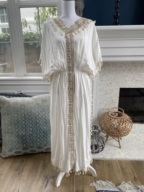 Off-White w/Gold Accenting & Tasseled Roman/Grecian Style Maxi Dress, Size M