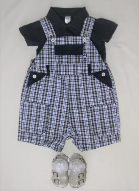 Baby Boy 3-6 mths Dungarees Rompers Shorts + Polo bodysuit + Sandals clothes set