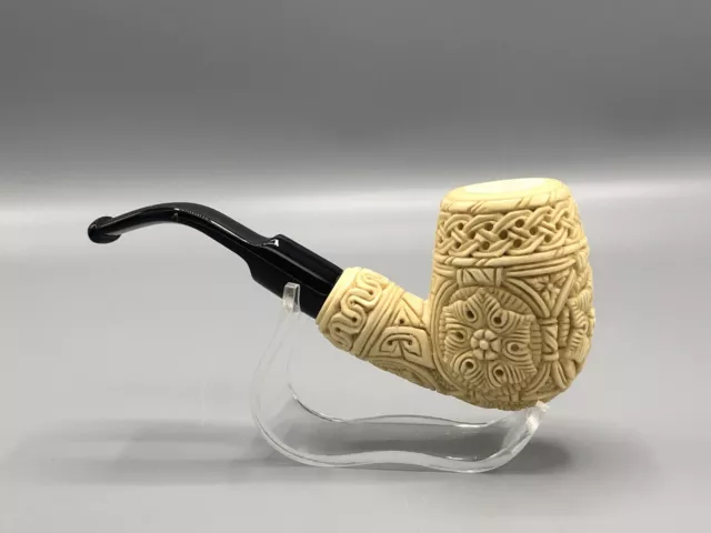 Chimney Ornate Bent Pipe BLOCK MEERSCHAUM-NEW-HAND CARVED Custom Made Case#142