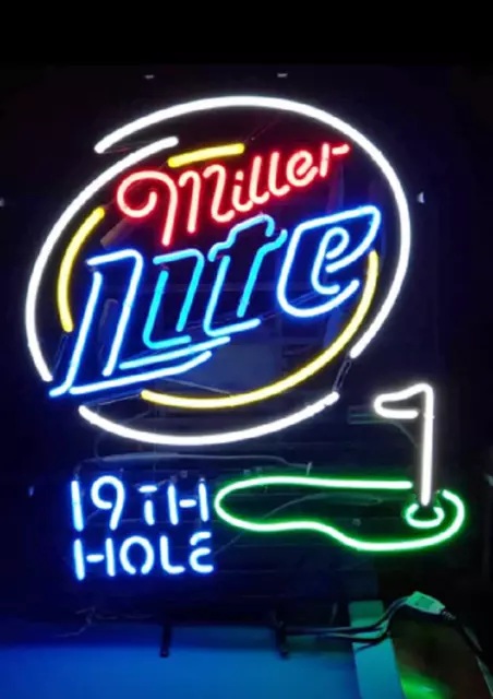 New Miller Lite 19th Hole Neon Light Sign Lamp Beer Glass Wall Decor Bar 20"x16"