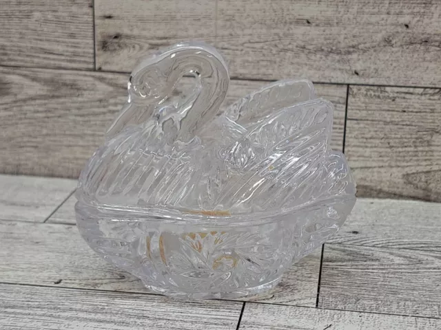 Vintage Crystal Clear Glass Swan Covered Jewelry Ring Trinket Box Dish with Lid