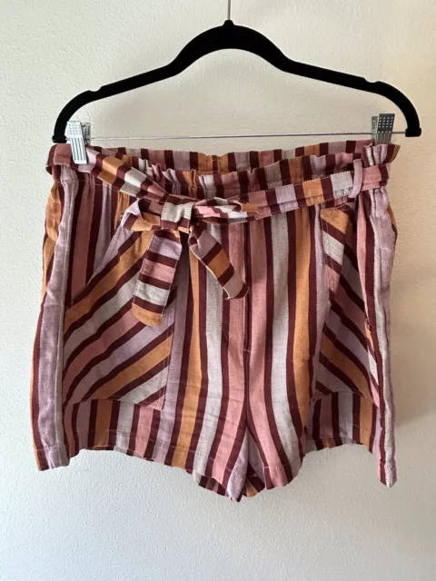 Anthropologie Burgundy, Orange And Pink Striped Shorts Women SzL Paper bag Waist
