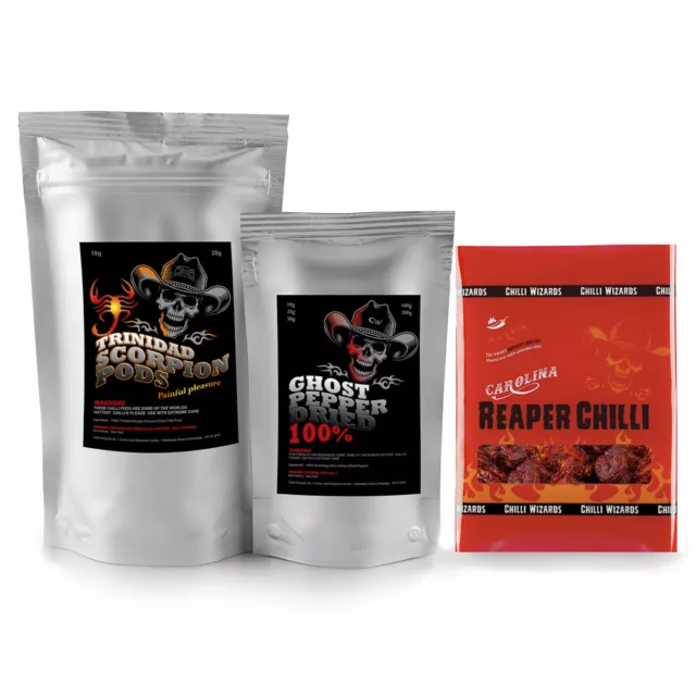 Carolina Reaper, Moruga Scorpion, Naga Jolokia Ghost Pepper Dried Pods 10g 3 Pk