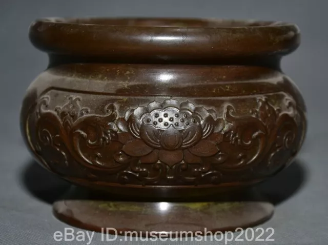 5" Old Chinese Xuande Marked Bronze Fengshui Lotus Flower Incense Burner Censer