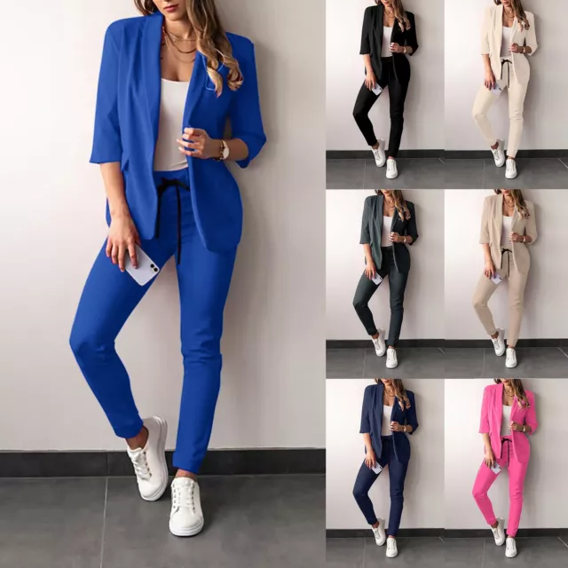 Women's 2PCS Lapels Suit Set Office Business Formal Jacket Long Pant Suit Slim