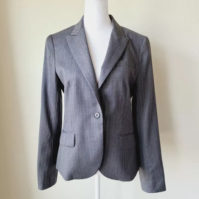 Theory Wool Blazer Size 6 Gray Pinstripe One Button Notch Collar 4 Button Sleeve