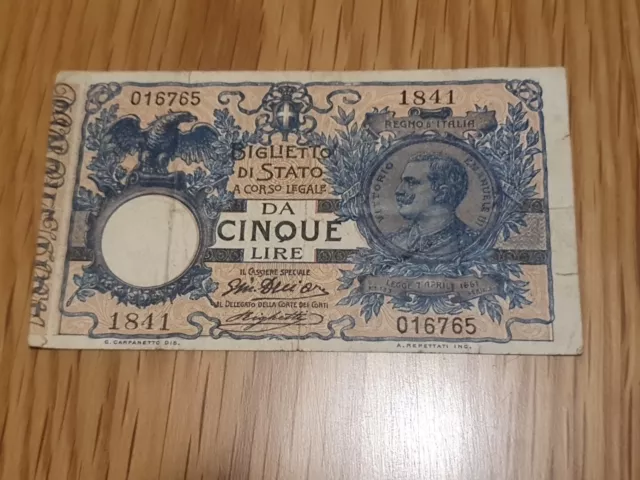 Italy 1904  issue 5 Lire bank note. Da Cinque Lire.