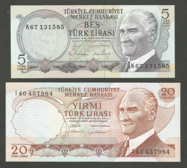 Turkey 5, 20 Lirasi 14.1.1970 (1976, 1983); UNC; P-185,187; Waterfall, Tomb; 2