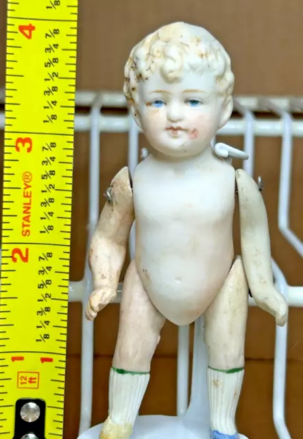 Antique German Miniature Jointed Bisque Boy Doll 4" Wire Strung