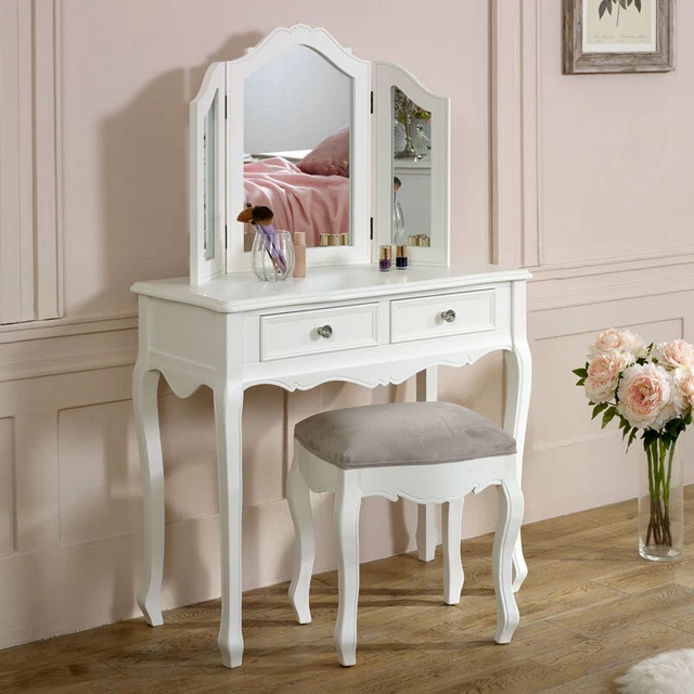 Blanco tocador taburete mesa espejo conjunto vintage francés muebles de dormitorio