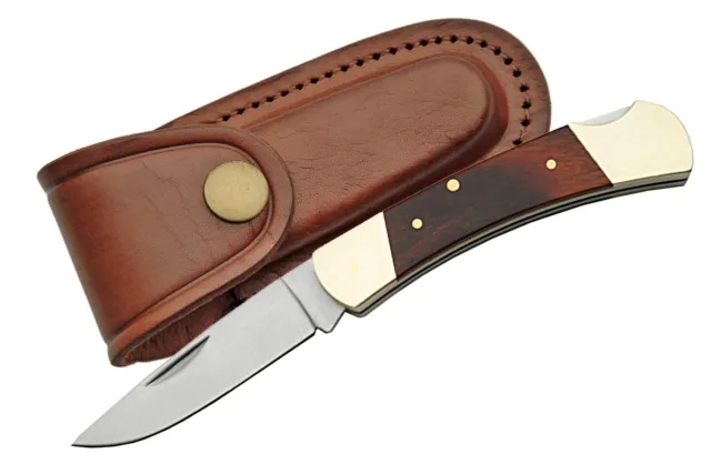 Classic Medium Lockback Folding Knife - Wood Handles - Leather Sheath included