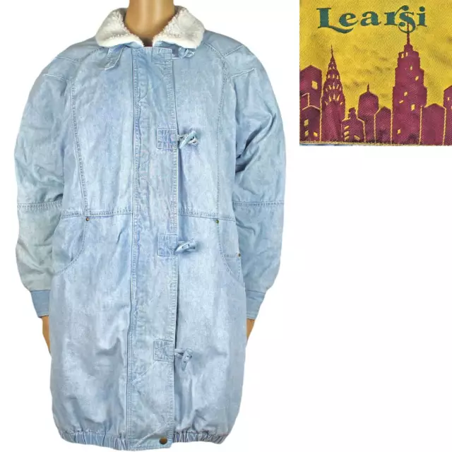80s Vintage Sherpa Lined Denim Coat Long Jean Jacket, Zip/Toggle, Learsi, S / M