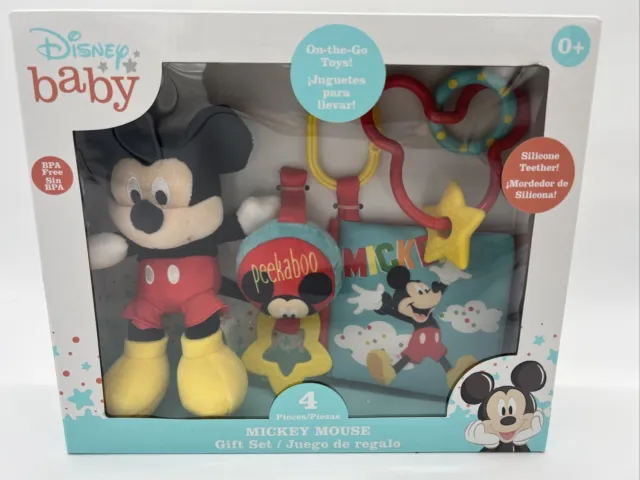 New Disney Baby Mickey Mouse Gift Set Age 0+ 4pcs Plush, Teether, Rattle, Book