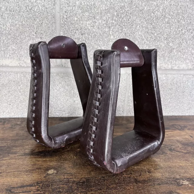 Nice Vintage Pair Western Brown Leather Horse Saddle Stirrup Leather Laced 2