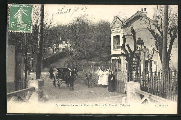 CPA Suresnes, Le Pont de Bois et la Rue du Calvaire 1909