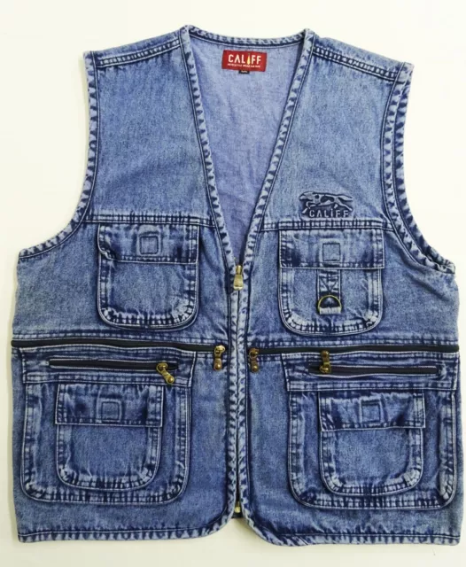 Vintage Blue Denim Gilet Utility Vest Fishing Hunting Multi Pocket Men's Large