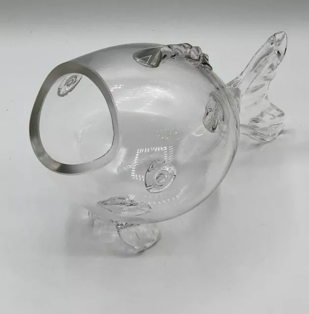 Vintage Hand Blown Clear Art Glass Fish Blenko Style Vase Bowl Candy Dish MCM