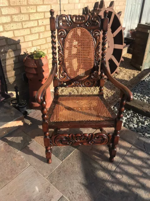 Antique carved Oak Throne Chair cane seat and back 2